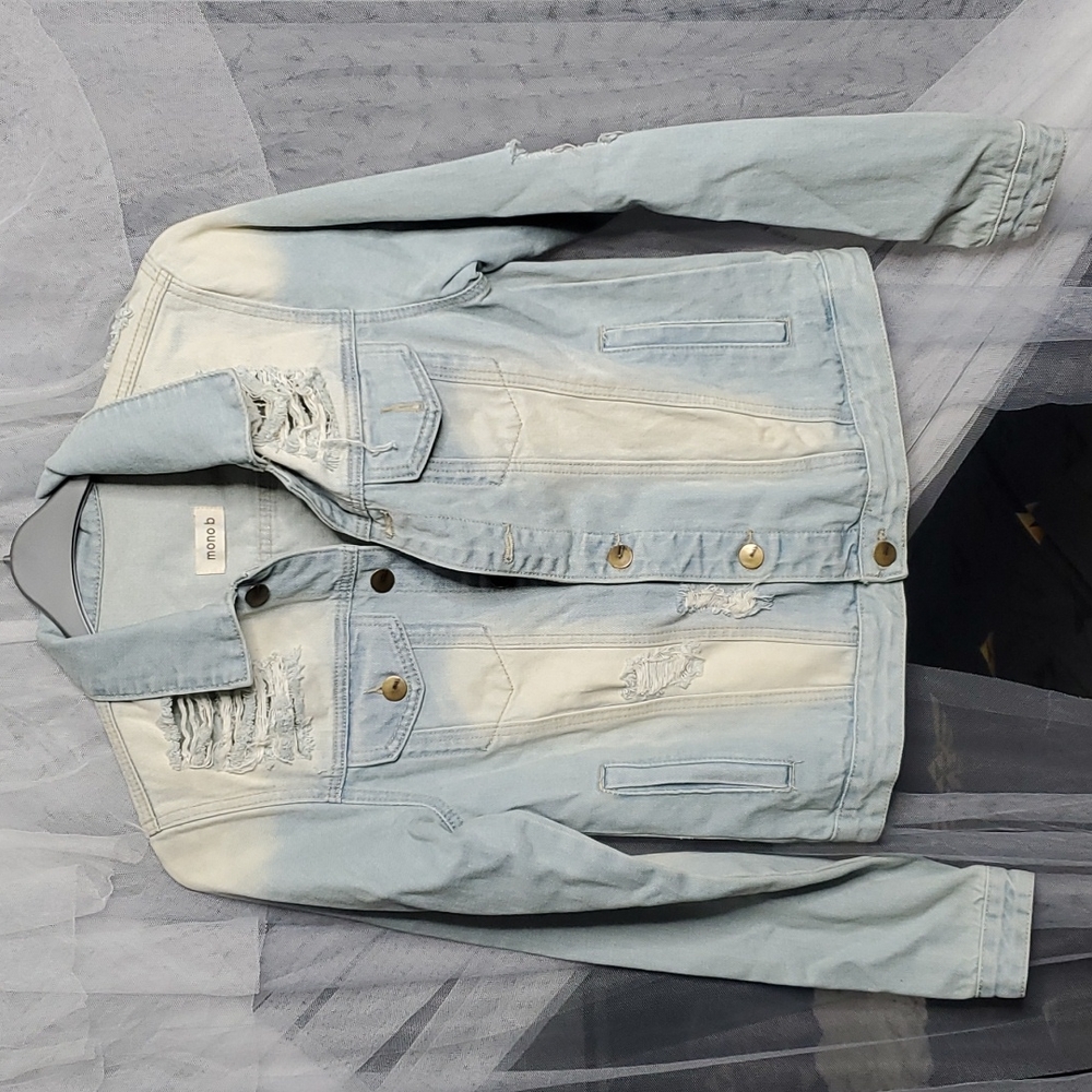 Love Culture Bleached Distressed Denim Jacket MED Blue&White